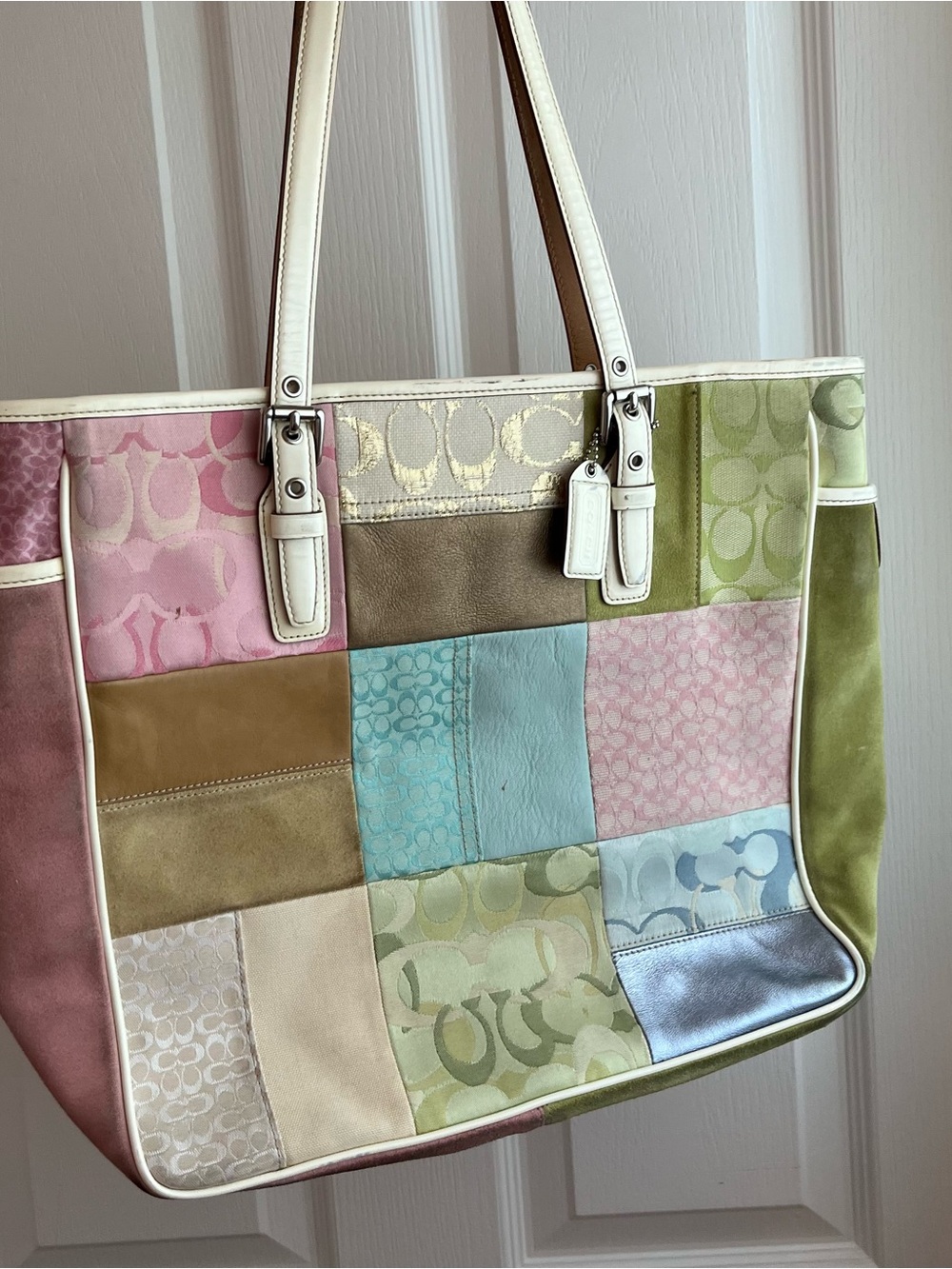 Coach Pastel Patchwork Tote with suede, leather canvas
